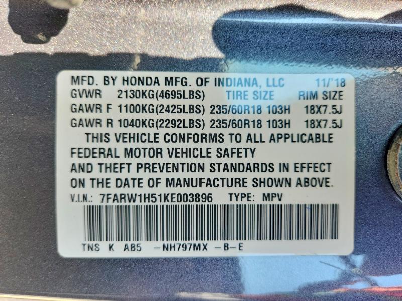 Aukcja sprzedaży 2019 Honda Cr-v, vin: 7FARW1H51KE003896, numer aukcji: 60681866