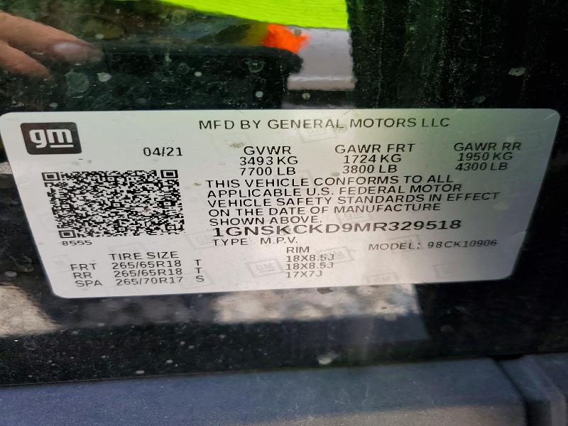 Aukcja sprzedaży 2021 Chevrolet Suburban, vin: 1GNSKCKD9MR329518, numer aukcji: 60675316