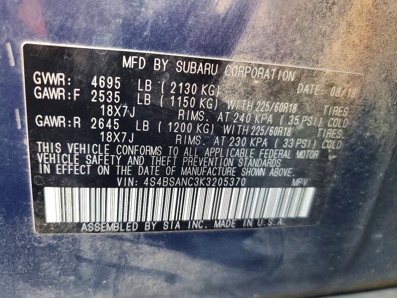61727276 :رقم المزاد ، 4S4BSANC3K3205370 vin ، 2019 Subaru Outback مزاد بيع