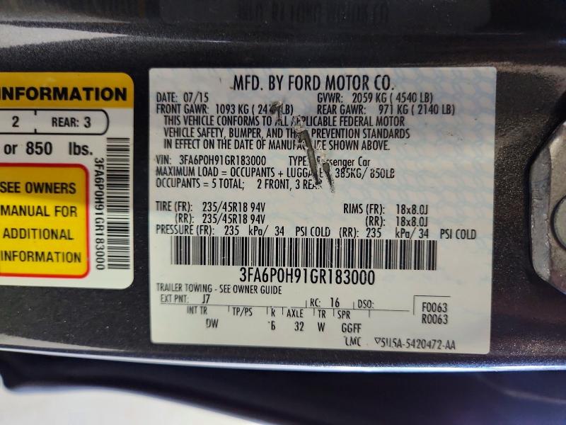 2016 Ford Fusion მანქანა იყიდება აუქციონზე, vin: 3FA6P0H91GR183000, აუქციონის ნომერი: 62441726