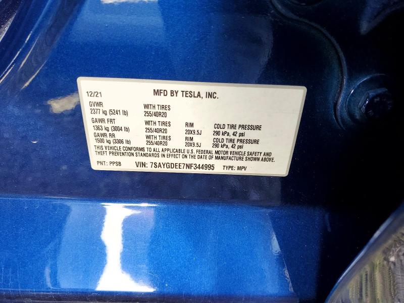 58607186 :رقم المزاد ، 7SAYGDEE7NF344995 vin ، 2022 Tesla Model Y مزاد بيع