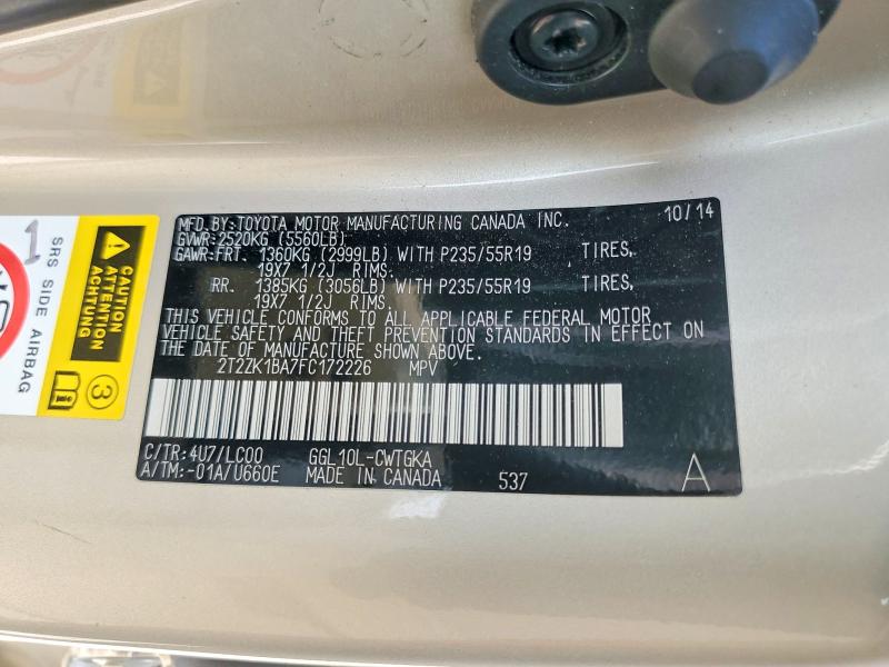 Aukcja sprzedaży 2015 Lexus Rx 350, vin: 2T2ZK1BA7FC172226, numer aukcji: 62619956