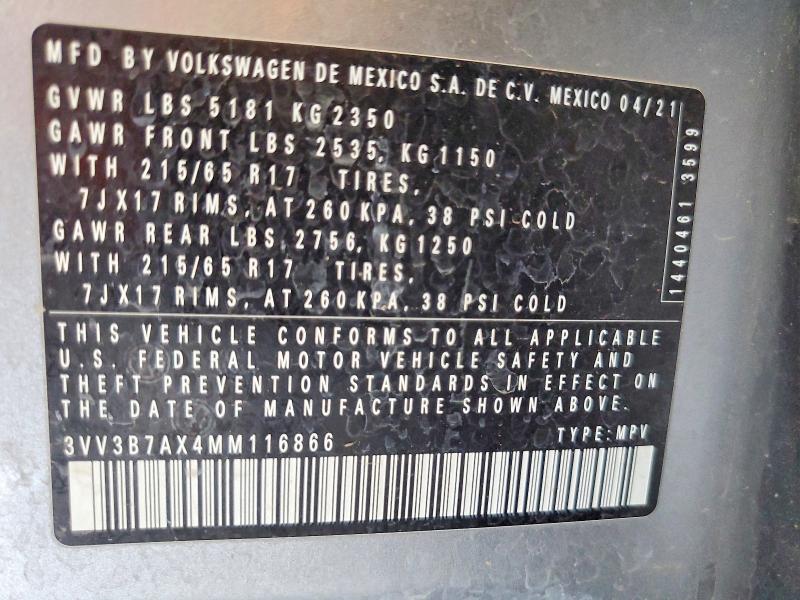 2021 Volkswagen Tiguan მანქანა იყიდება აუქციონზე, vin: 3VV3B7AX4MM116866, აუქციონის ნომერი: 62432966