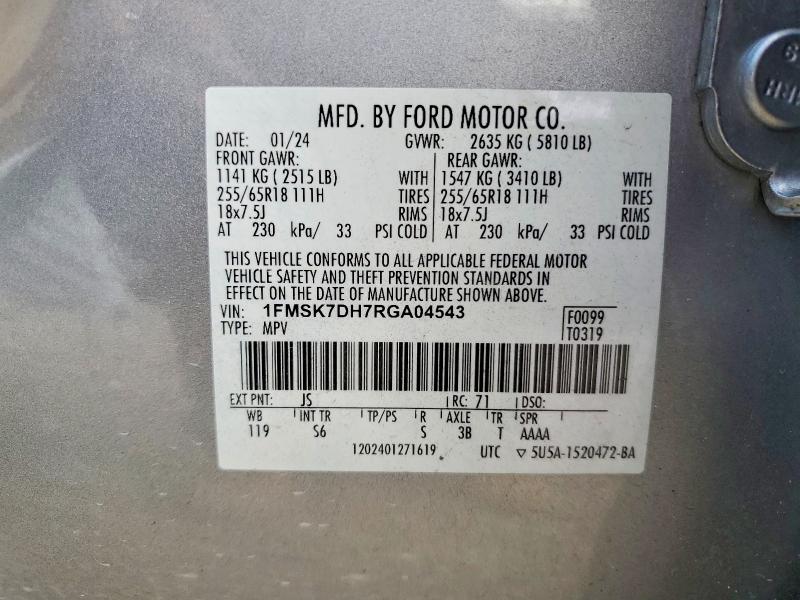 60625586 :رقم المزاد ، 1FMSK7DH7RGA04543 vin ، 2024 Ford Explorer مزاد بيع