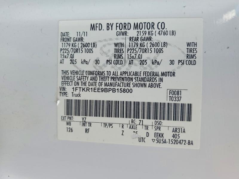61061486 :رقم المزاد ، 1FTKR1EE9BPB15800 vin ، 2011 Ford Ranger مزاد بيع