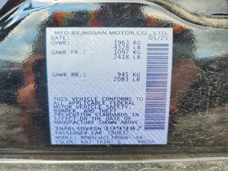 2025 Nissan Altima მანქანა იყიდება აუქციონზე, vin: 1N4BL4DV4SN399987, აუქციონის ნომერი: 60857476
