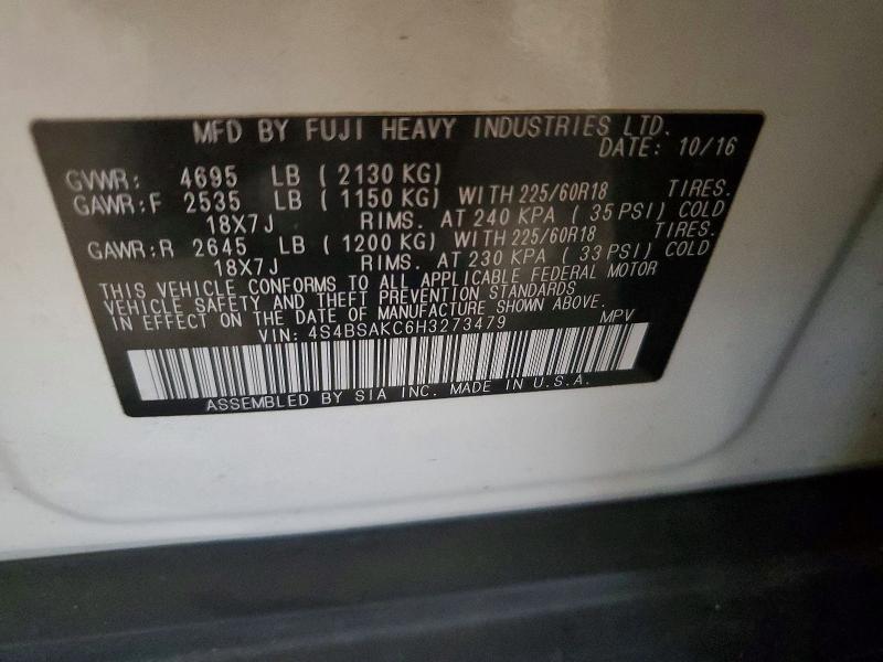 Продаж на аукціоні авто 2017 Subaru Outback, vin: 4S4BSAKC6H3273479, номер лоту: 62478286