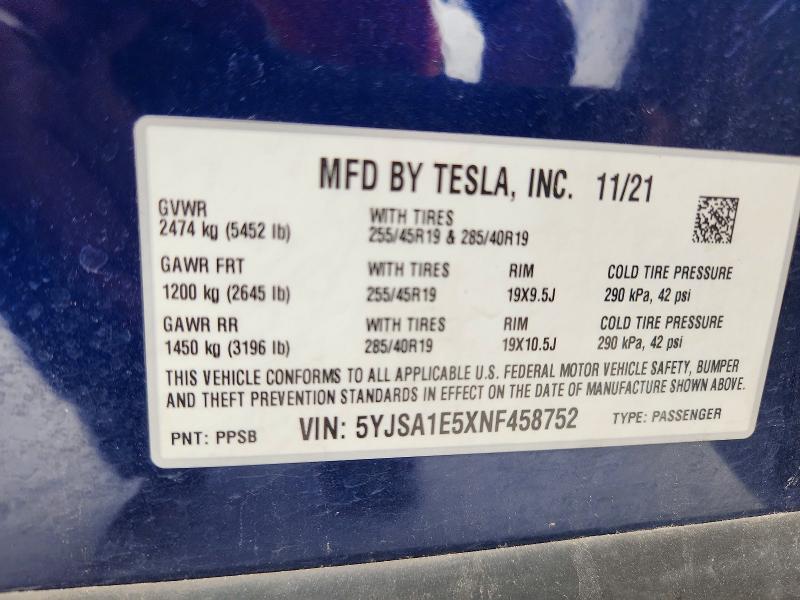 Aukcja sprzedaży 2022 Tesla Model S, vin: 5YJSA1E5XNF458752, numer aukcji: 61301026