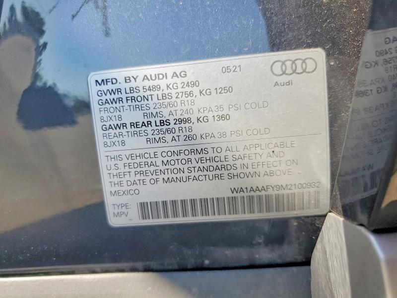 2021 Audi Q5 მანქანა იყიდება აუქციონზე, vin: WA1AAAFY9M2100932, აუქციონის ნომერი: 61762976