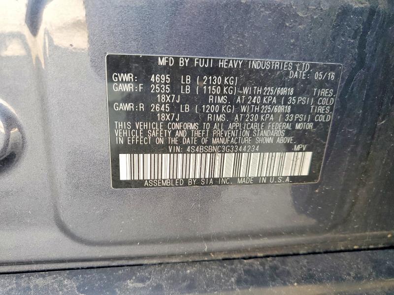 2016 Subaru Outback მანქანა იყიდება აუქციონზე, vin: 4S4BSBNC3G3344234, აუქციონის ნომერი: 60022606