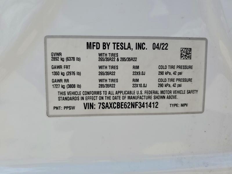 Aukcja sprzedaży 2022 Tesla Model X, vin: 7SAXCBE62NF341412, numer aukcji: 59296606
