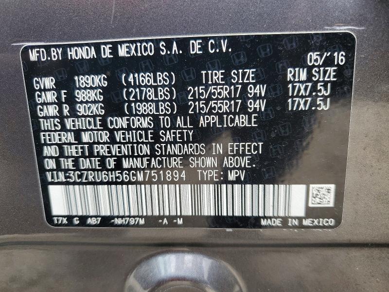 62031246 :رقم المزاد ، 3CZRU6H56GM751894 vin ، 2016 Honda Hr-v مزاد بيع