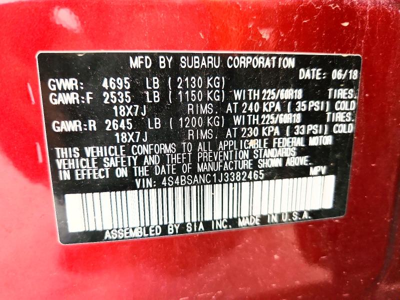 61898166 :رقم المزاد ، 4S4BSANC1J3382465 vin ، 2018 Subaru Outback مزاد بيع