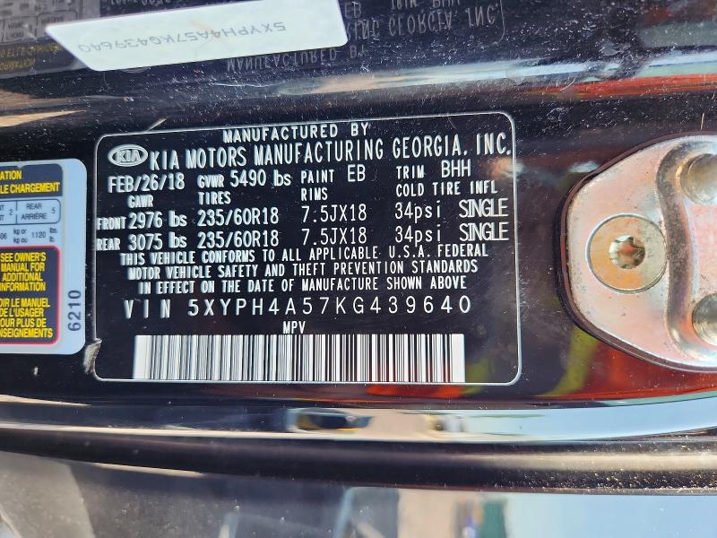 61034296 :رقم المزاد ، 5XYPH4A57KG439640 vin ، 2019 Kia Sorento مزاد بيع