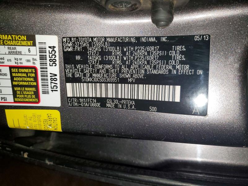 Продажа на аукционе авто 2013 Toyota Sienna, vin: 5TDKK3DC5DS369951, номер лота: 63009726