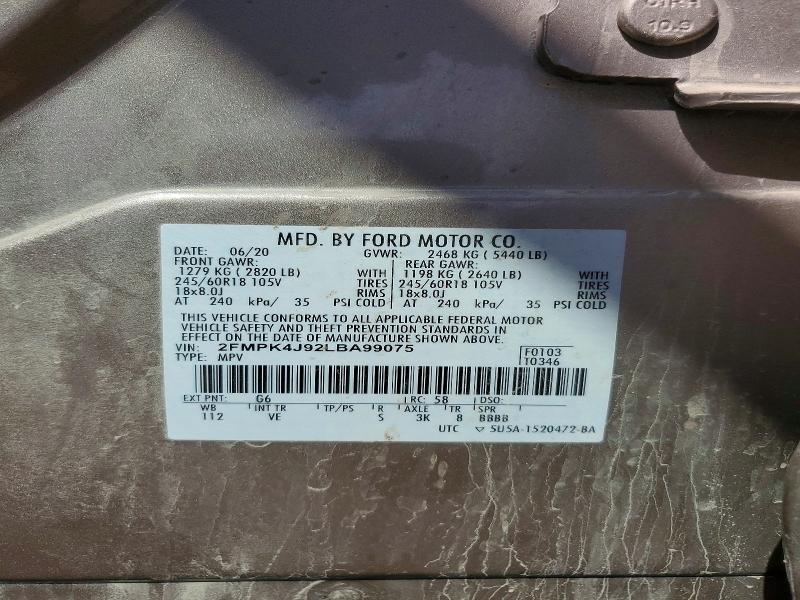 2020 Ford Edge მანქანა იყიდება აუქციონზე, vin: 2FMPK4J92LBA99075, აუქციონის ნომერი: 60162646