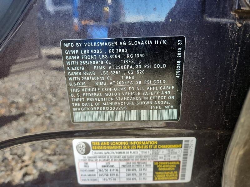 Продажа на аукционе авто 2011 Volkswagen Touareg, vin: WVGFK9BP0BD003295, номер лота: 59851266