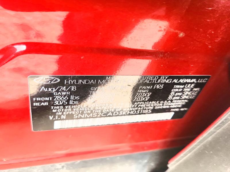 Продаж на аукціоні авто 2019 Hyundai Santa Fe, vin: 5NMS2CAD3KH031185, номер лоту: 60202806