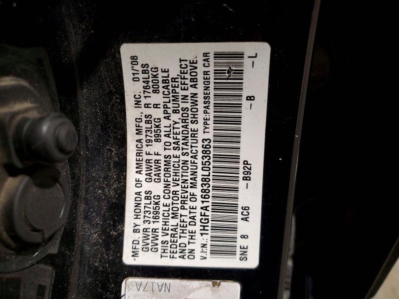 2008 Honda Civic მანქანა იყიდება აუქციონზე, vin: 1HGFA16838L053863, აუქციონის ნომერი: 62002696