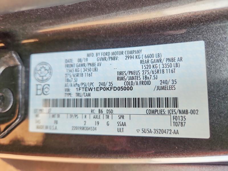 Продаж на аукціоні авто 2019 Ford F150, vin: 1FTEW1EP0KFD05000, номер лоту: 62465216