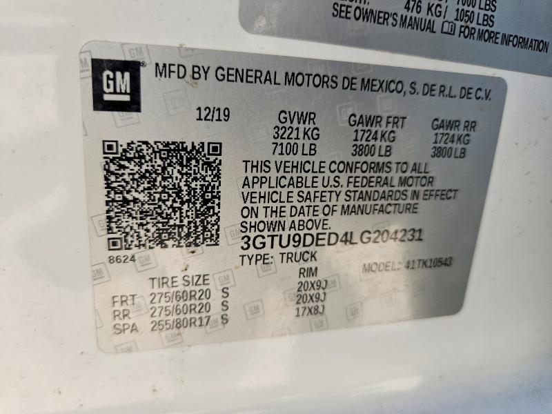 Aukcja sprzedaży 2020 Gmc Sierra, vin: 3GTU9DED4LG204231, numer aukcji: 59839776