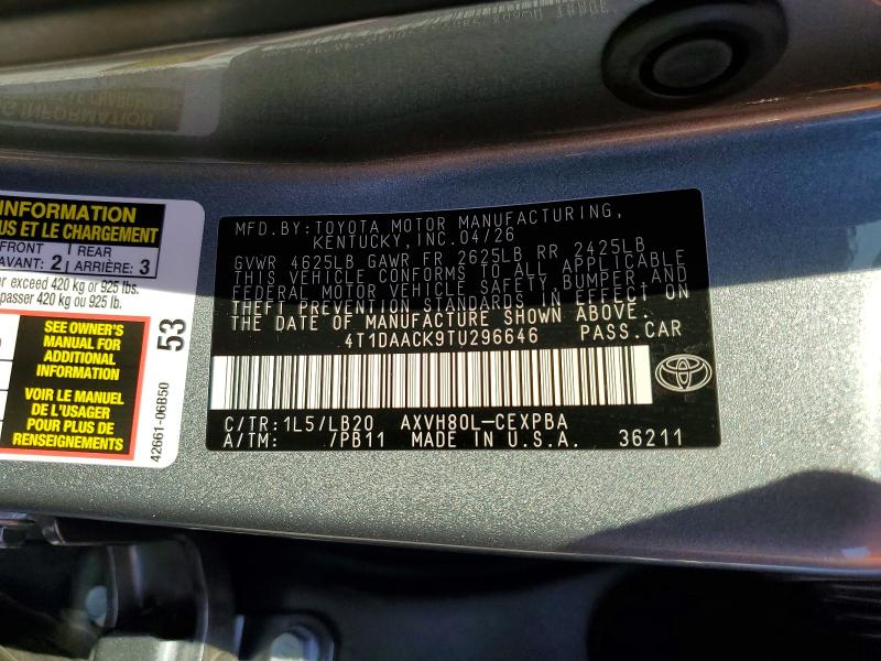 60507576 :رقم المزاد ، 4T1DAACK9TU296646 vin ، 2026 Toyota Camry مزاد بيع