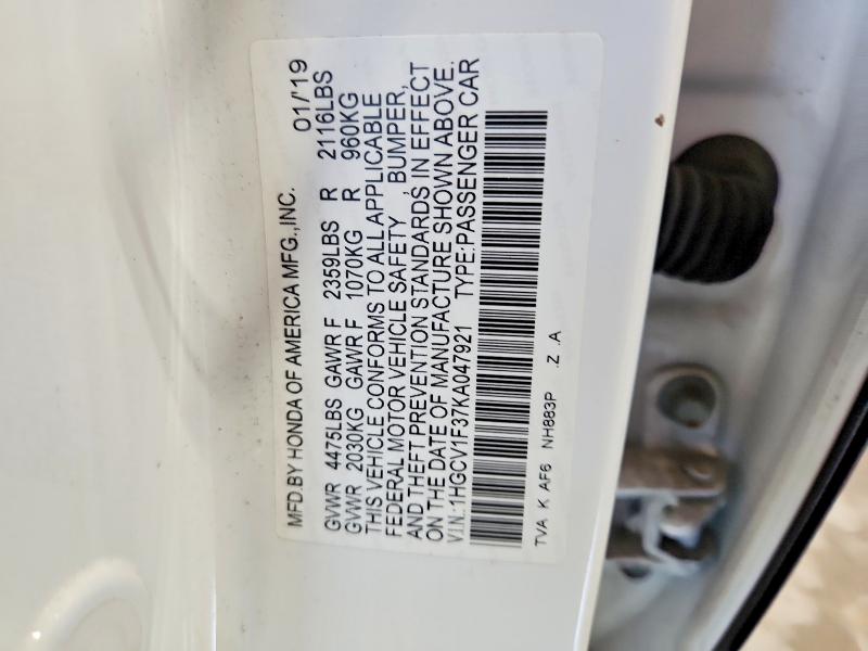 Продажа на аукционе авто 2019 Honda Accord, vin: 1HGCV1F37KA047921, номер лота: 60825976