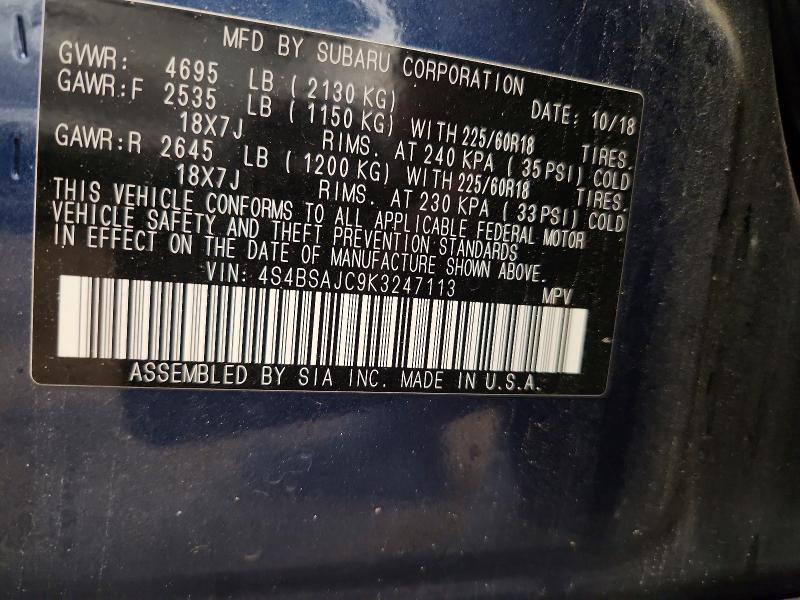 Aukcja sprzedaży 2019 Subaru Outback, vin: 4S4BSAJC9K3247113, numer aukcji: 59305936