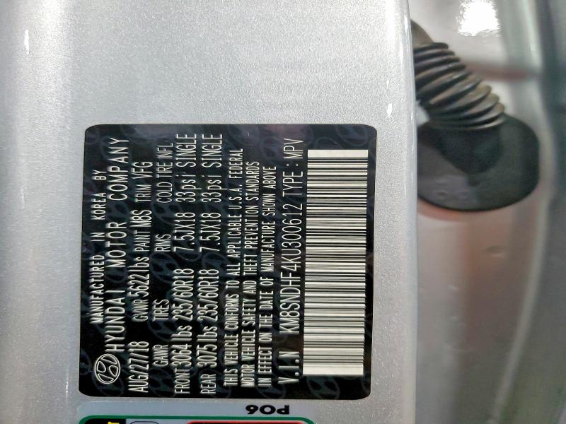 2019 Hyundai Santa Fe Xl მანქანა იყიდება აუქციონზე, vin: KM8SNDHF4KU300612, აუქციონის ნომერი: 61234486