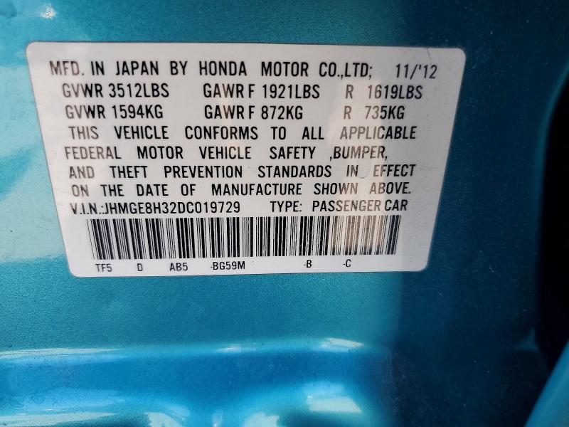 62058316 :رقم المزاد ، JHMGE8H32DC019729 vin ، 2013 Honda Fit مزاد بيع
