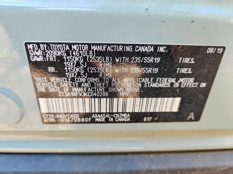 2019 Toyota Rav4 მანქანა იყიდება აუქციონზე, vin: 2T3A1RFV3KC040288, აუქციონის ნომერი: 63214746