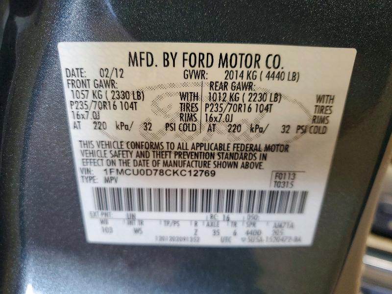 63137816 :رقم المزاد ، 1FMCU0D78CKC12769 vin ، 2012 Ford Escape مزاد بيع
