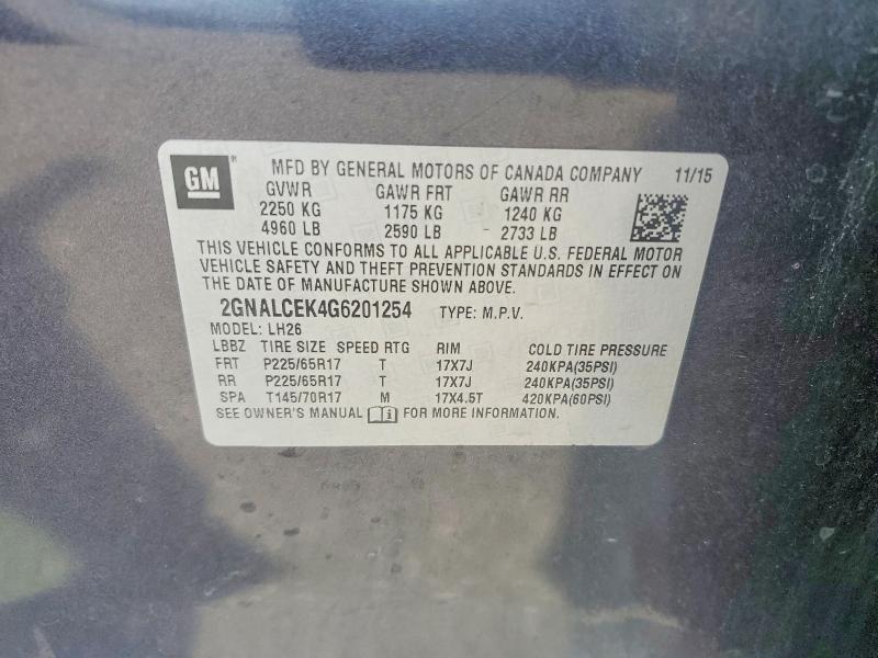 Продаж на аукціоні авто 2016 Chevrolet Equinox, vin: 2GNALCEK4G6201254, номер лоту: 60253596