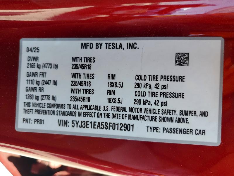 Продаж на аукціоні авто 2025 Tesla Model 3, vin: 5YJ3E1EA5SF012901, номер лоту: 59738216
