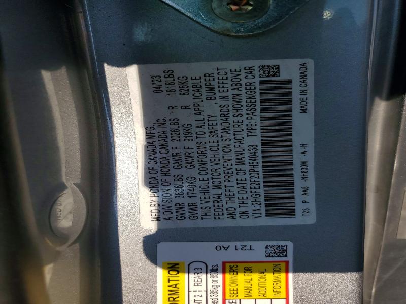 2023 Honda Civic მანქანა იყიდება აუქციონზე, vin: 2HGFE2F20PH540438, აუქციონის ნომერი: 74514585
