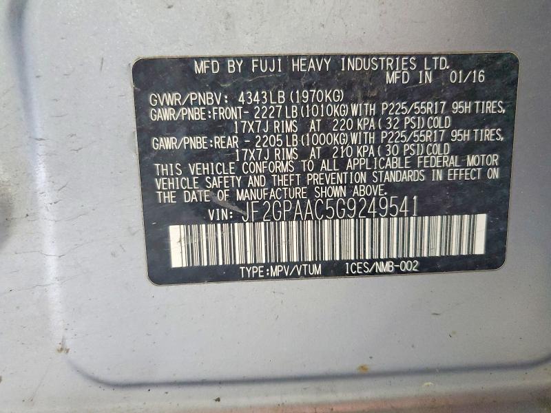 Aukcja sprzedaży 2016 Subaru Crosstrek, vin: JF2GPAAC5G9249541, numer aukcji: 59955756