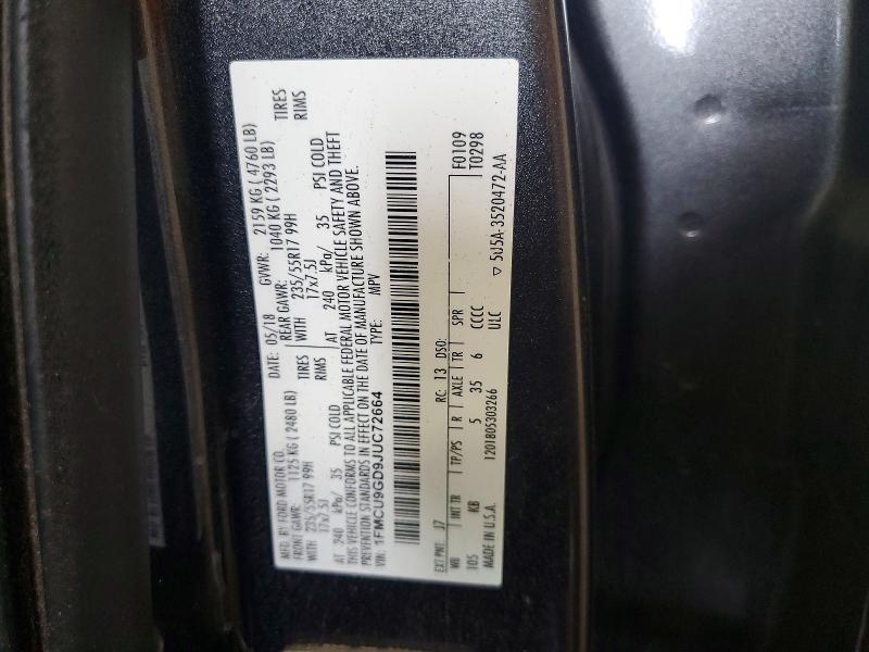 Продаж на аукціоні авто 2018 Ford Escape, vin: 1FMCU9GD9JUC72664, номер лоту: 61598336