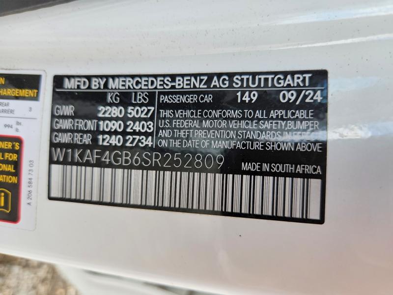 60957576 :رقم المزاد ، W1KAF4GB6SR252809 vin ، 2025 Mercedes-benz C مزاد بيع