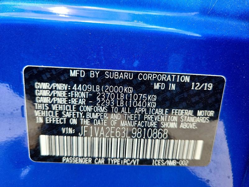 Продаж на аукціоні авто 2020 Subaru Wrx, vin: JF1VA2E63L9810868, номер лоту: 61382706