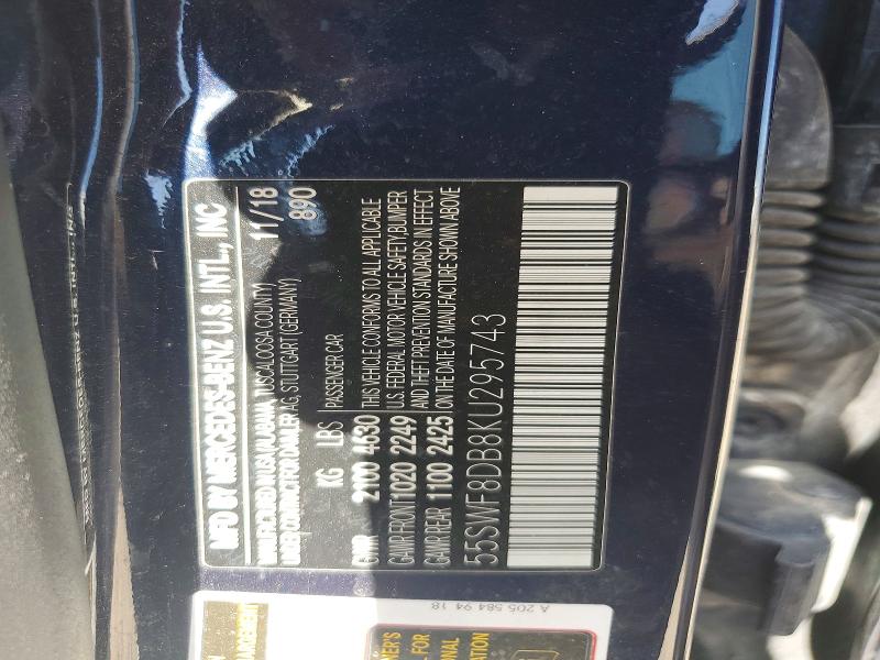 62709346 :رقم المزاد ، 55SWF8DB8KU295743 vin ، 2019 Mercedes-benz C مزاد بيع