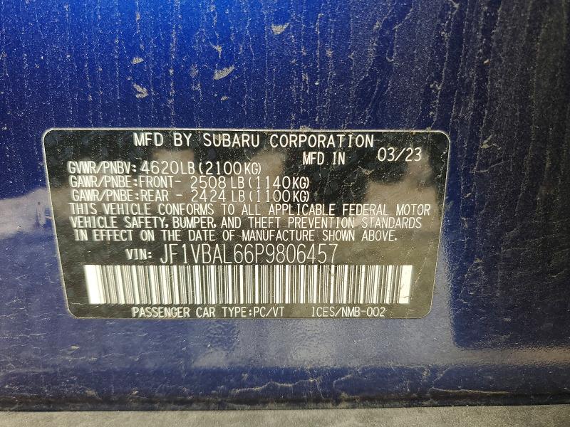 2023 Subaru Wrx მანქანა იყიდება აუქციონზე, vin: JF1VBAL66P9806457, აუქციონის ნომერი: 61390926