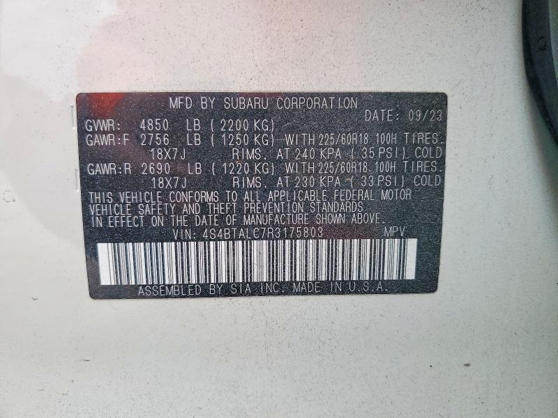 2024 Subaru Outback მანქანა იყიდება აუქციონზე, vin: 4S4BTALC7R3175803, აუქციონის ნომერი: 60881186