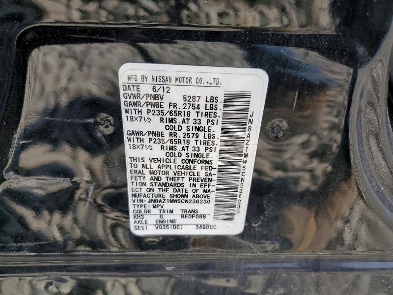 59244476 :رقم المزاد ، JN8AZ1MW5CW236230 vin ، 2012 Nissan Murano مزاد بيع
