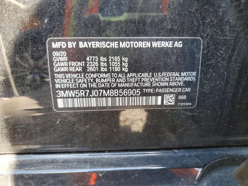 2021 Bmw 330xi მანქანა იყიდება აუქციონზე, vin: 3MW5R7J07M8B56905, აუქციონის ნომერი: 59700246