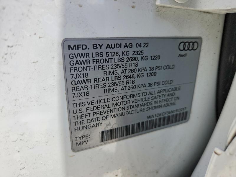 62005766 :رقم المزاد ، WA1DECF35N1113217 vin ، 2022 Audi Q3 مزاد بيع