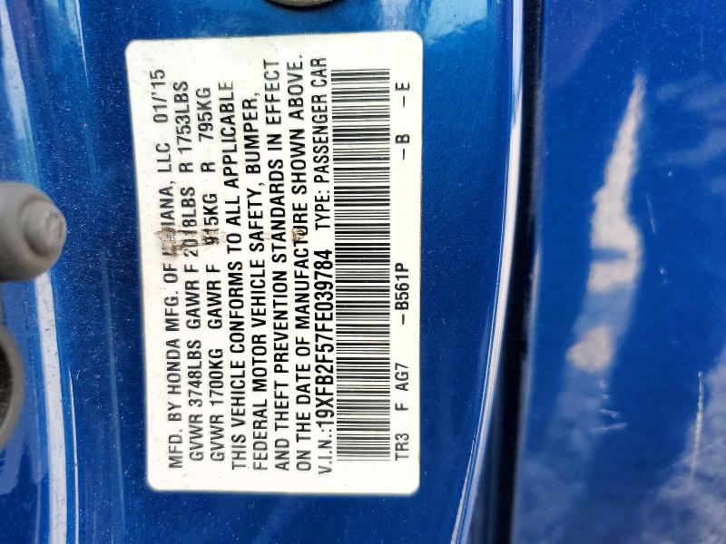 62104696 :رقم المزاد ، 19XFB2F57FE039784 vin ، 2015 Honda Civic مزاد بيع