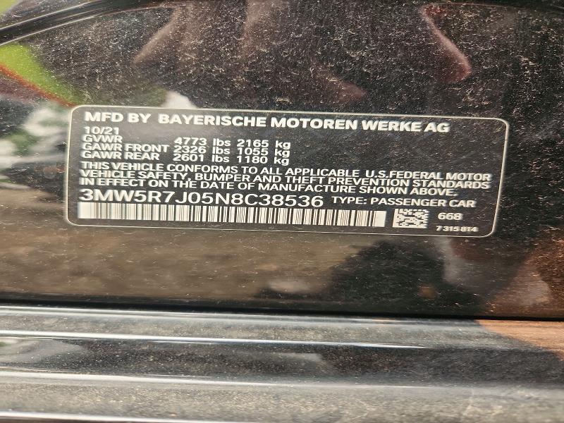 Aukcja sprzedaży 2022 Bmw 330xi, vin: 3MW5R7J05N8C38536, numer aukcji: 59739416