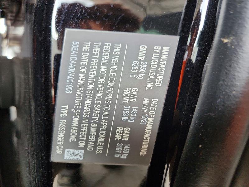 2022 Lucid Motors Air მანქანა იყიდება აუქციონზე, vin: 50EA1DAA0NA001906, აუქციონის ნომერი: 58967346