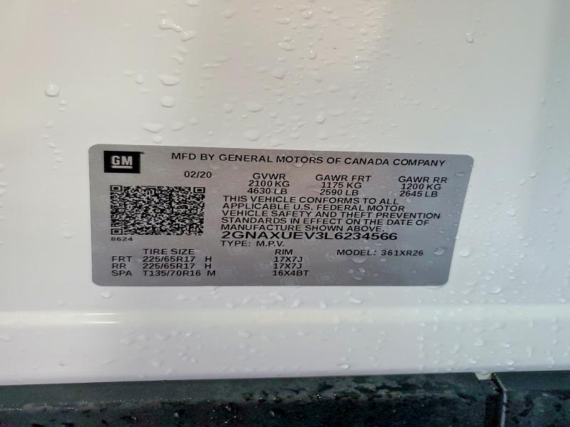 Aukcja sprzedaży 2020 Chevrolet Equinox, vin: 2GNAXUEV3L6234566, numer aukcji: 62974096