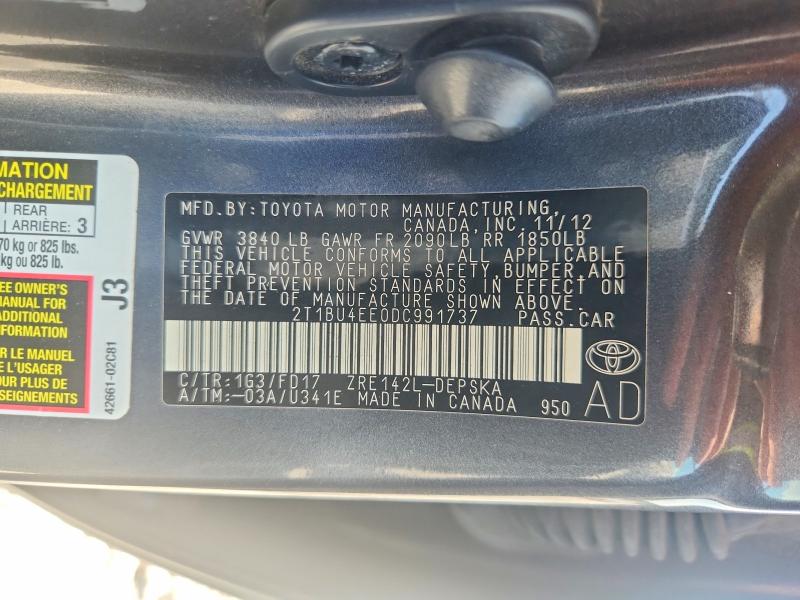 2013 Toyota Corolla მანქანა იყიდება აუქციონზე, vin: 2T1BU4EE0DC991737, აუქციონის ნომერი: 62981656